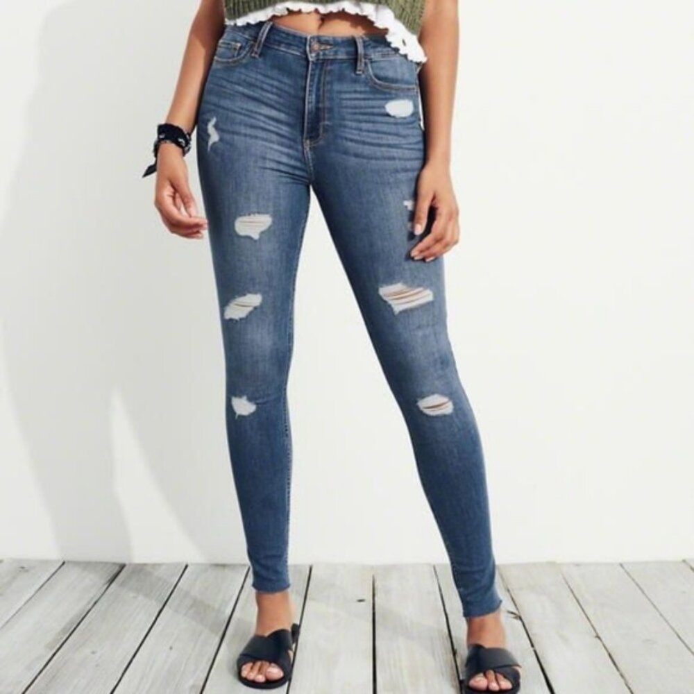 Hollister High-Rise Super Skinny Distressed Medium Wash Denim Jeans Size 27/28